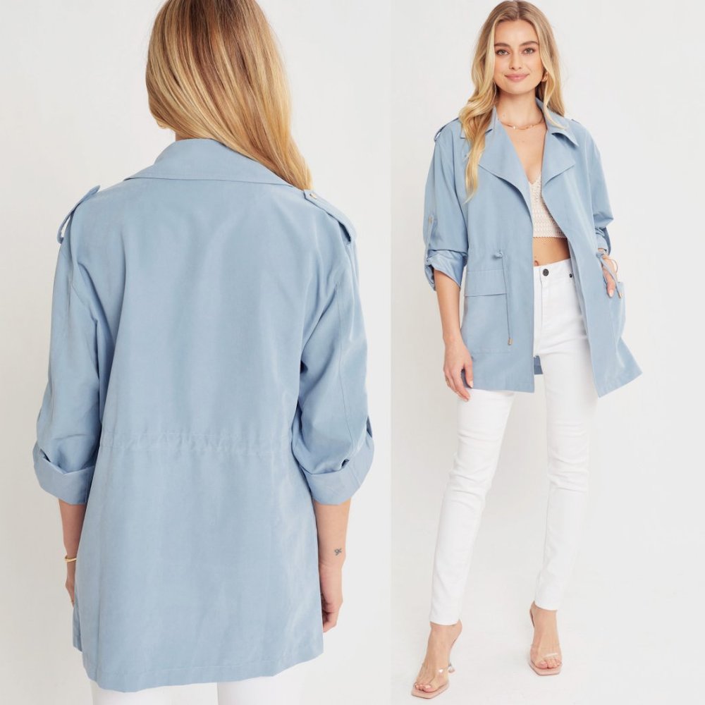 NEW Oversize Collar Drawstring Waist Pockets Open Front Light Weight Jacket Blue - Picture 7 of 8